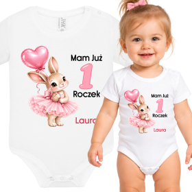 Body na Roczek dla Dziewczynki z Imieniem – Króliczek z Balonikiem – Mam Już 1 Roczek
