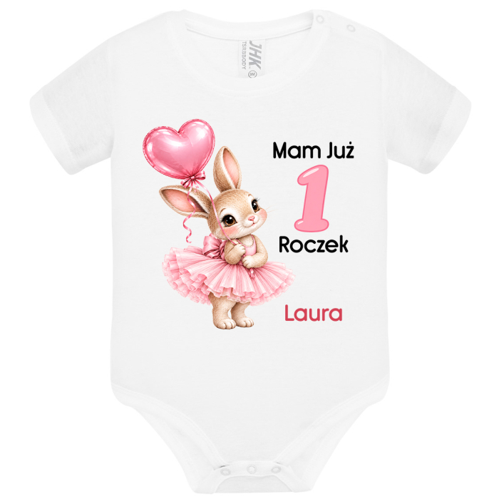 Body na Roczek dla Dziewczynki z Imieniem – Króliczek z Balonikiem – Mam Już 1 Roczek