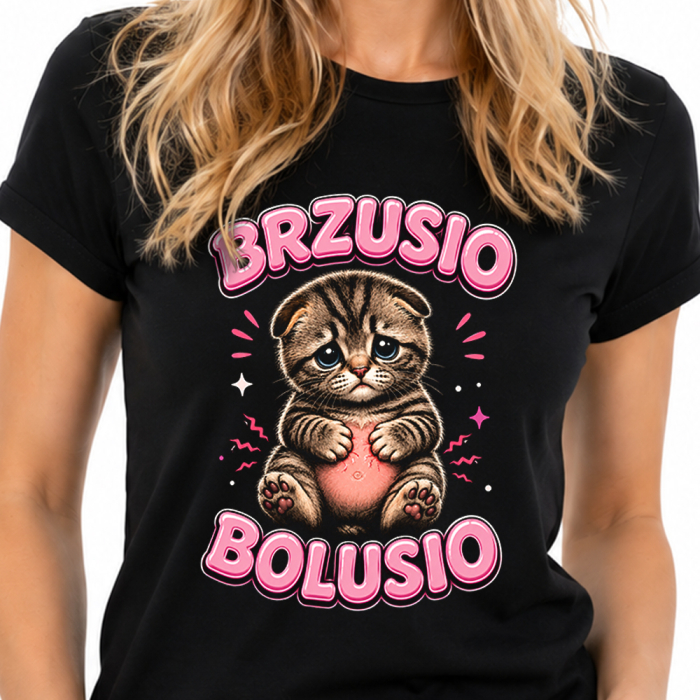 Koszulka Damska „Brzusio Bolusio” – Śmieszna Koszulka na Bolesny Okres