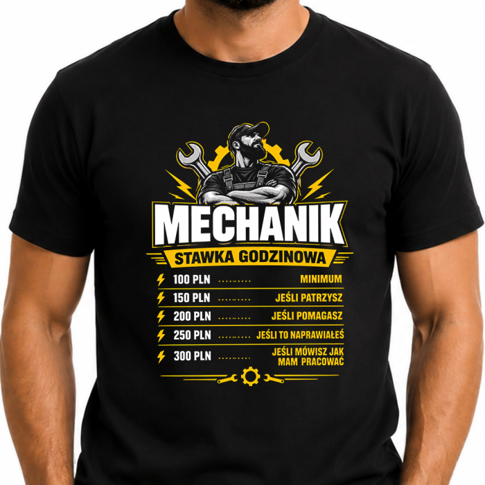 Koszulka Mechanik Stawka Godzinowa – Śmieszna Koszulka dla Mechanika Samochodowego