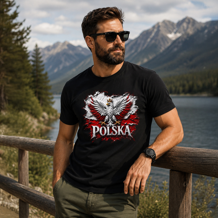 Koszulka Męska Patriotyczna - Polska Orzeł Mapa Godło