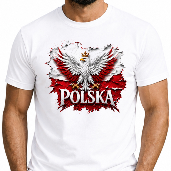 Koszulka Męska Patriotyczna - Polska Orzeł Mapa Godło Biały