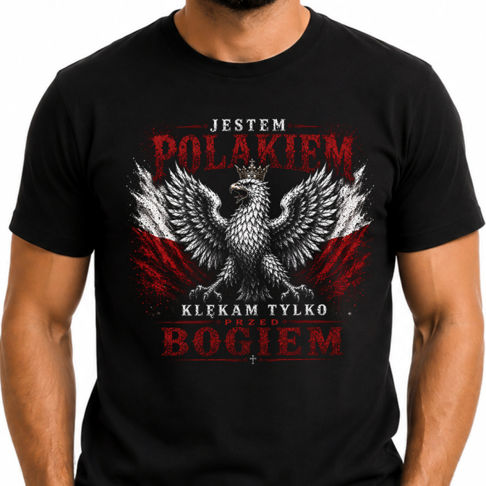 Męska Koszulka Patriotyczna – Jestem Polakiem - Klękam Tylko Przed Bogiem